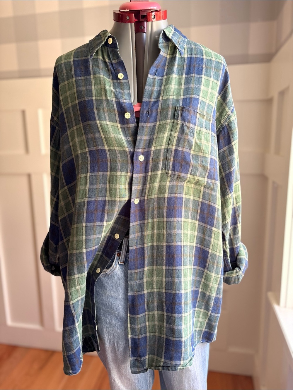 J. Crew Linen Olive Green and Navy Plaid Button-Front Shirt Large - Picture 4 of 7